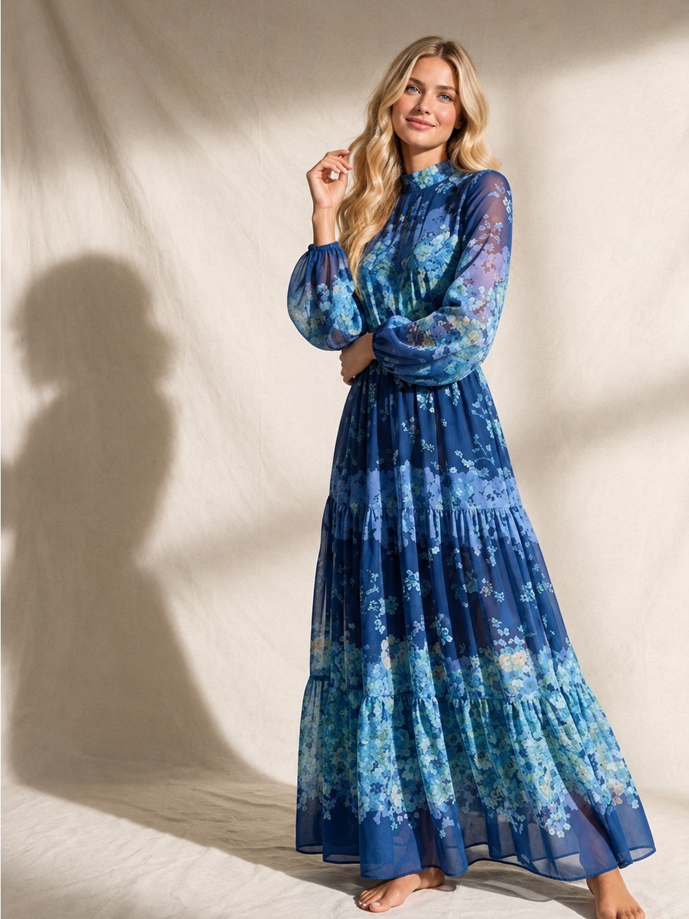 Size 10 fit Medium Maison Tara Navy and Light Blue Floral Maxi Dress